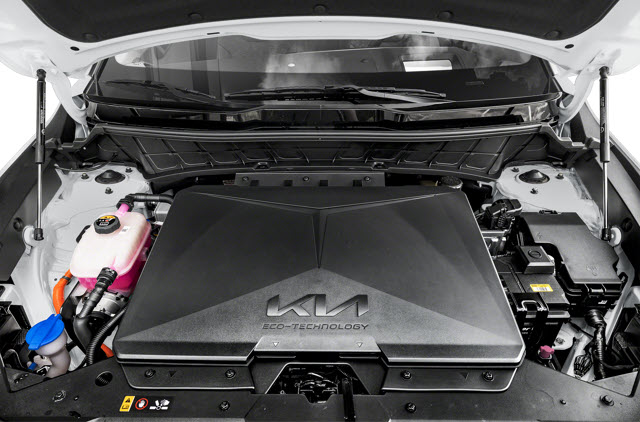 2025 Kia Niro EV engine compartment showing ECO-TECHNOLOGY cover and various components.