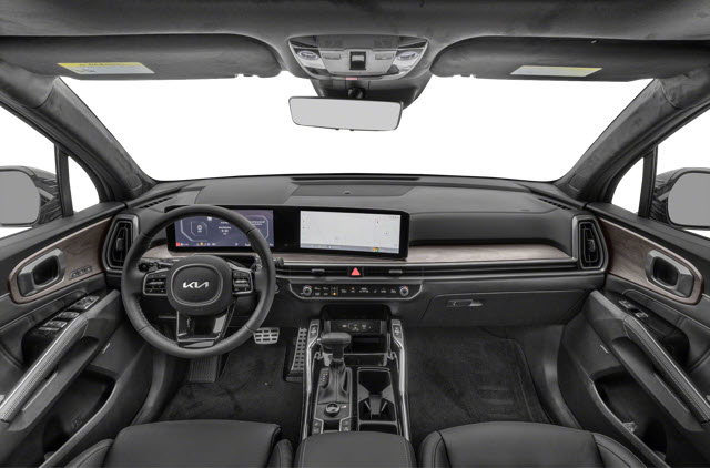 Interior view of a modern 2026 Kia Sorento, featuring a steering wheel, dual screens, and black leather seats.